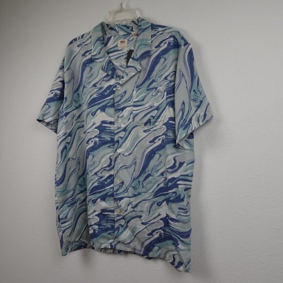 Levi's Cubano Button Front Shirt Men's Size L Blue Marble Print Camp Shirt - Picture 3 of 10